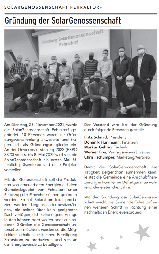 Gründung SolarGenossenschaft Fehraltorf